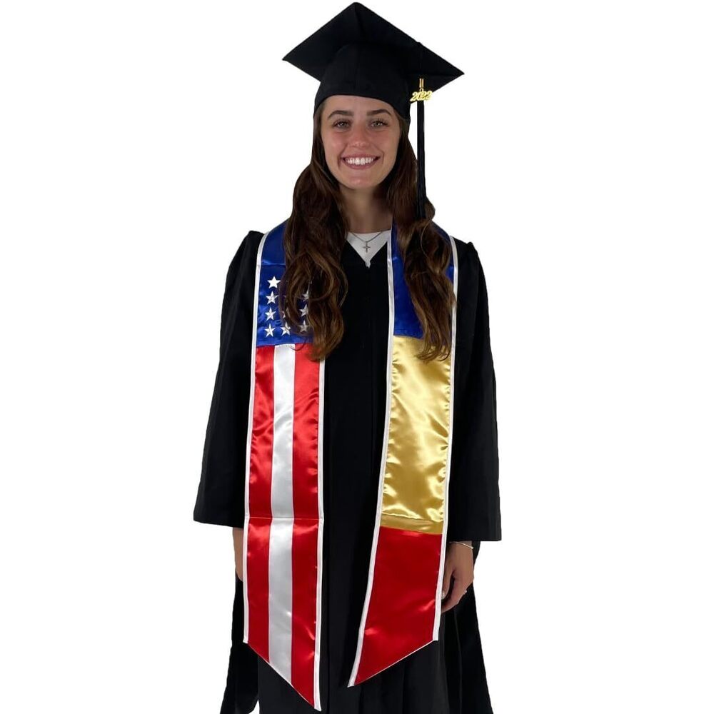 1232 Two Flag Graduation Sash Stole USA + International Romania & USA